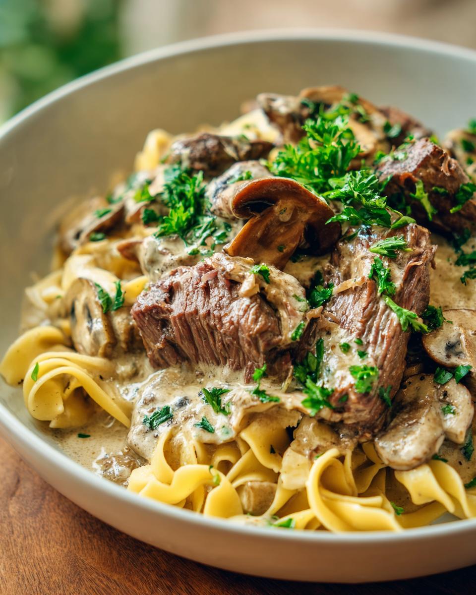 A close-up of Prime Rib Stroganoff with tender beef, mushrooms, and creamy sauce served over egg noodles, garnished with parsley.