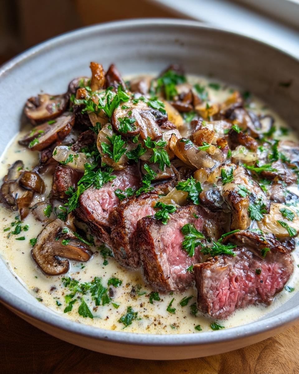Close-up of sliced Prime Rib Stroganoff, featuring tender beef, sautéed mushrooms, and creamy sauce, garnished with parsley.