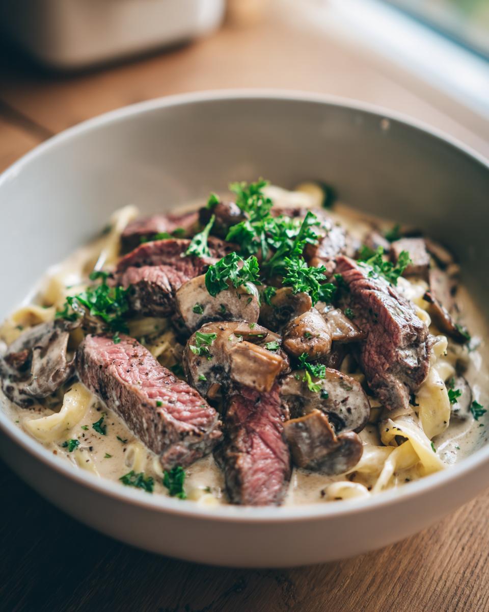 A hearty bowl of Prime Rib Stroganoff featuring tender slices of prime rib, mushrooms, and fettuccine pasta in a creamy sauce, garnished with fresh parsley.