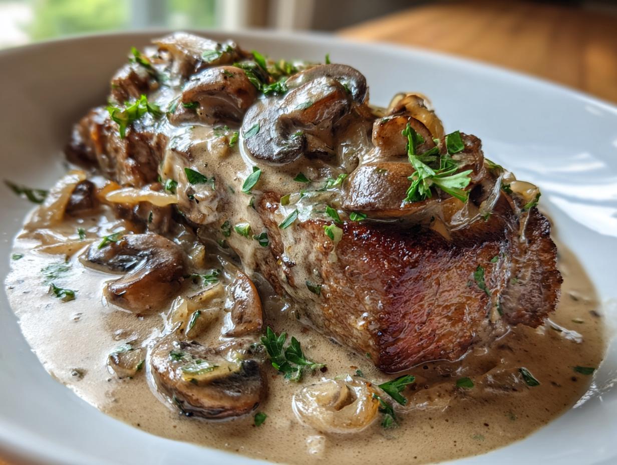 A hearty serving of Prime Rib Stroganoff, featuring tender beef, sautéed mushrooms, and a rich, creamy sauce, garnished with fresh parsley.
