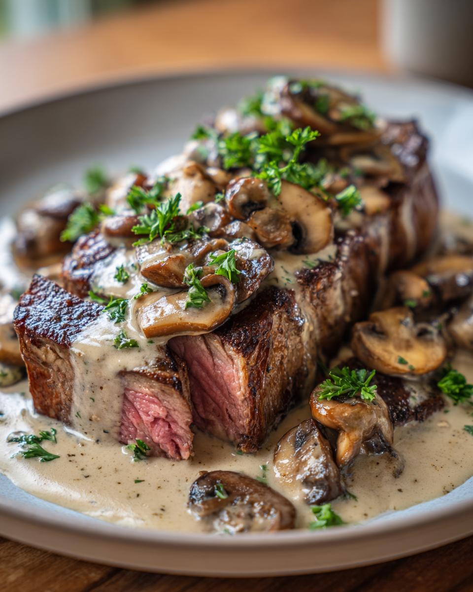 A juicy cut of Prime Rib Stroganoff topped with sautéed mushrooms and fresh parsley, served in a creamy sauce.