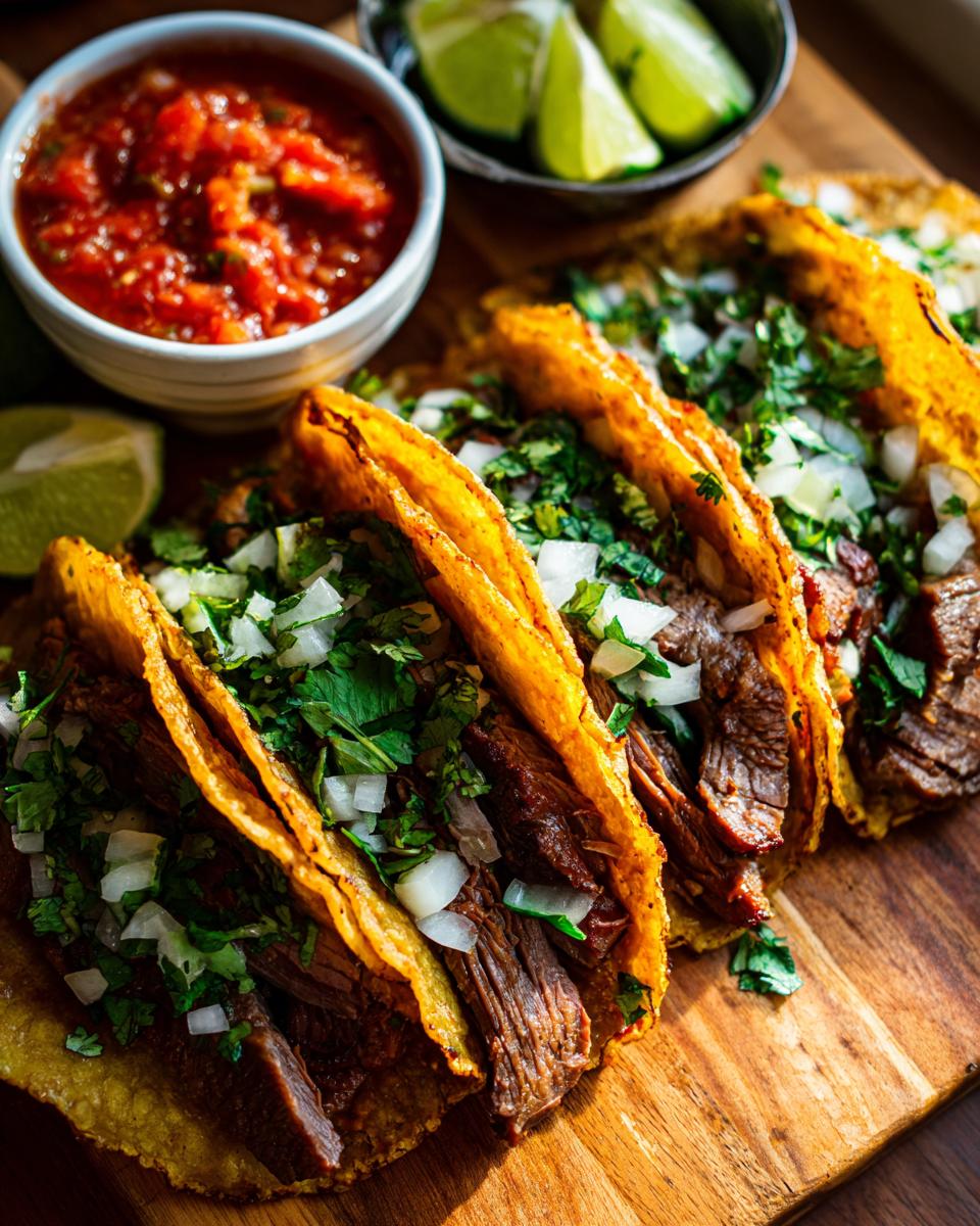 Close-up of several Prime Rib Tacos filled with shredded beef, topped with onions and cilantro, served with salsa and lime wedges.