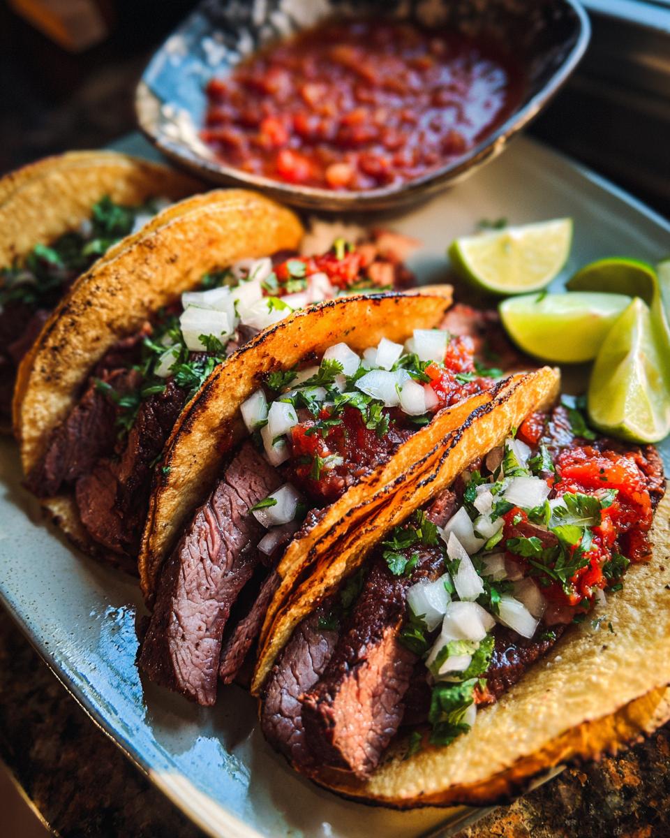 Close-up of delicious Prime Rib Tacos filled with sliced steak, topped with salsa, onions, and cilantro, served with lime wedges.