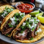 Three mouthwatering Prime Rib Tacos topped with diced onions and cilantro, served with salsa and lime wedges.