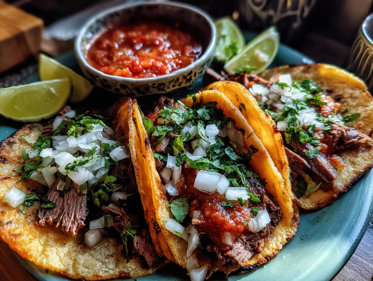Close-up of three quick prime rib tacos topped with onions, cilantro, and salsa, served with lime wedges.