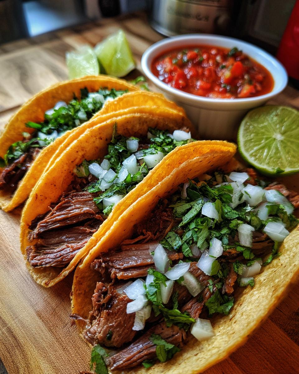 Three delicious Prime Rib Tacos filled with shredded beef, onions, and cilantro, served with salsa and lime wedges.