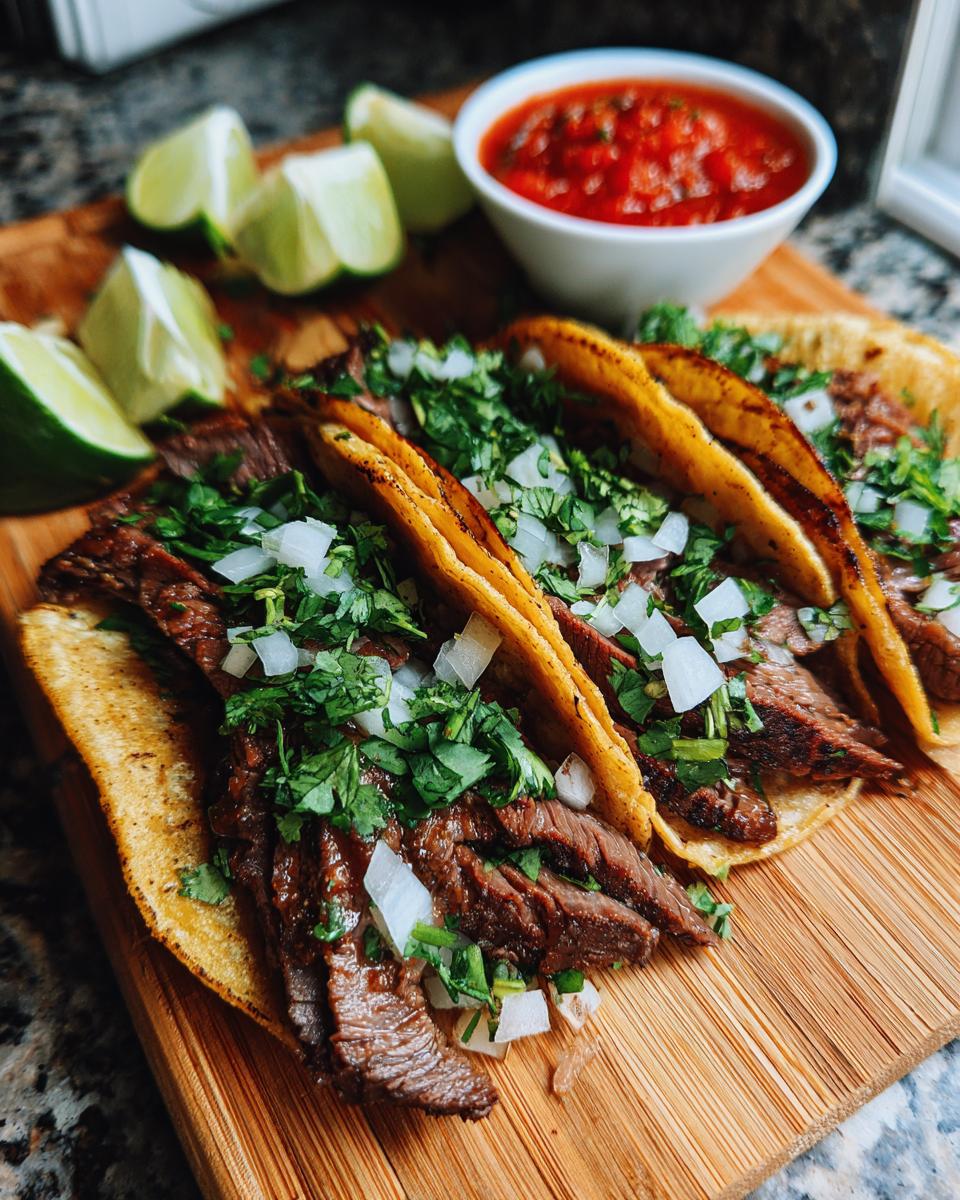 Three delicious Prime Rib Tacos topped with diced onions and cilantro, served with lime wedges and salsa.
