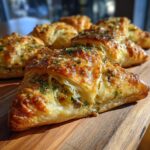 Close-up of golden-brown puff pastry bites sprinkled with herbs, ready to be served.