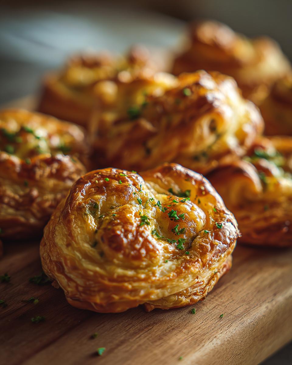 Close-up of golden brown puff pastry bites sprinkled with fresh green herbs on a wooden board.