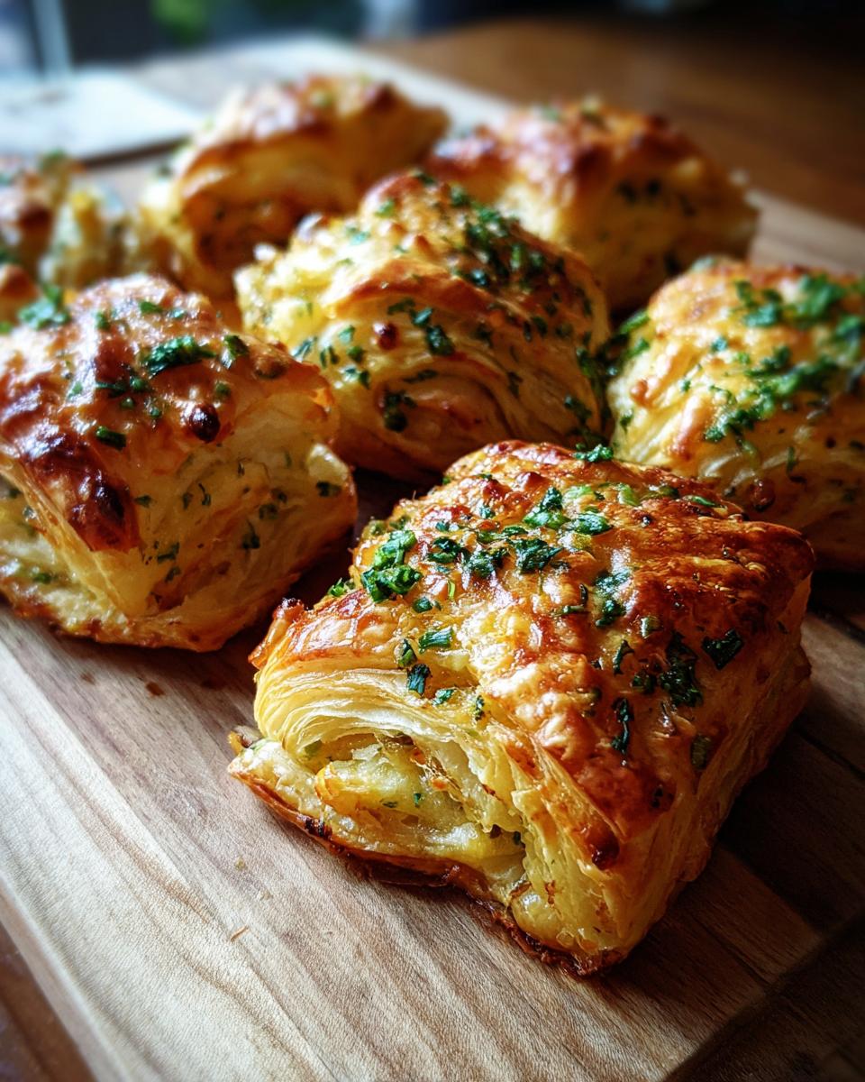 Close-up of golden-brown Puff Pastry Bites sprinkled with fresh green herbs on a wooden board.