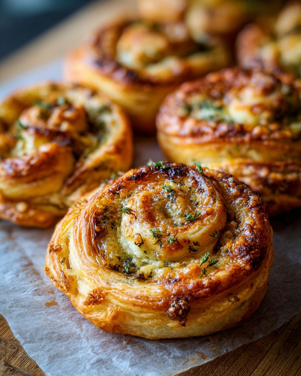 Close-up of golden brown Puff Pastry Bites, swirled and sprinkled with herbs.