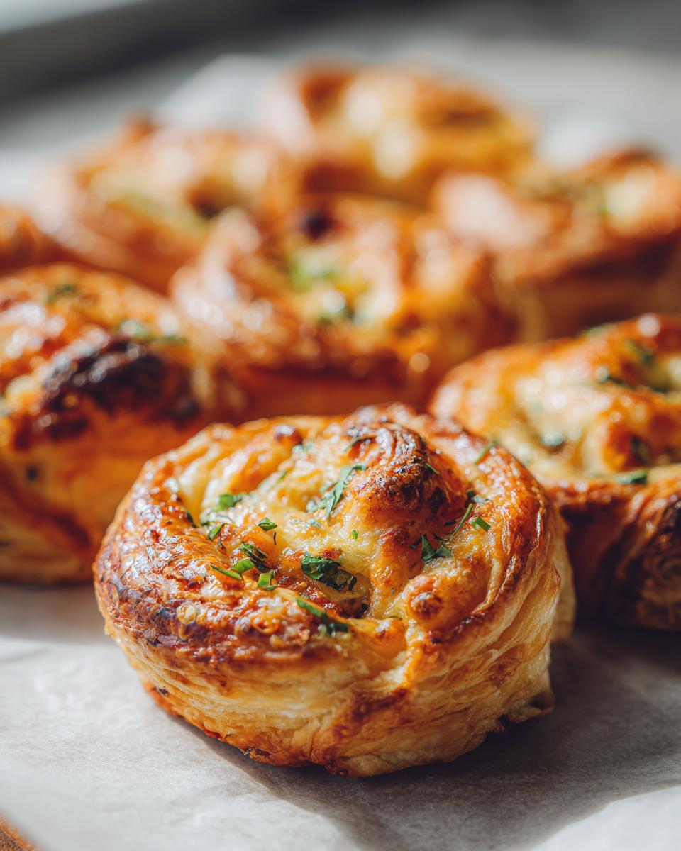 Close-up of golden-brown Puff Pastry Bites, sprinkled with fresh green herbs.