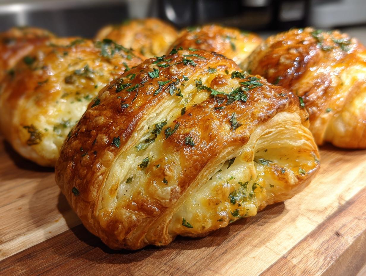 Close-up of golden brown puff pastry bites sprinkled with fresh green herbs on a wooden board.