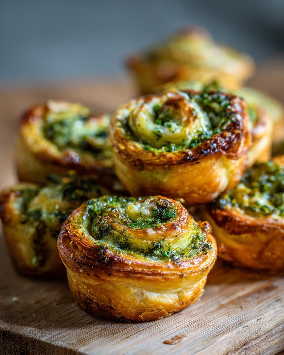 Close-up of golden-brown Puff Pastry Pinwheels filled with a vibrant green mixture, arranged on a wooden board.