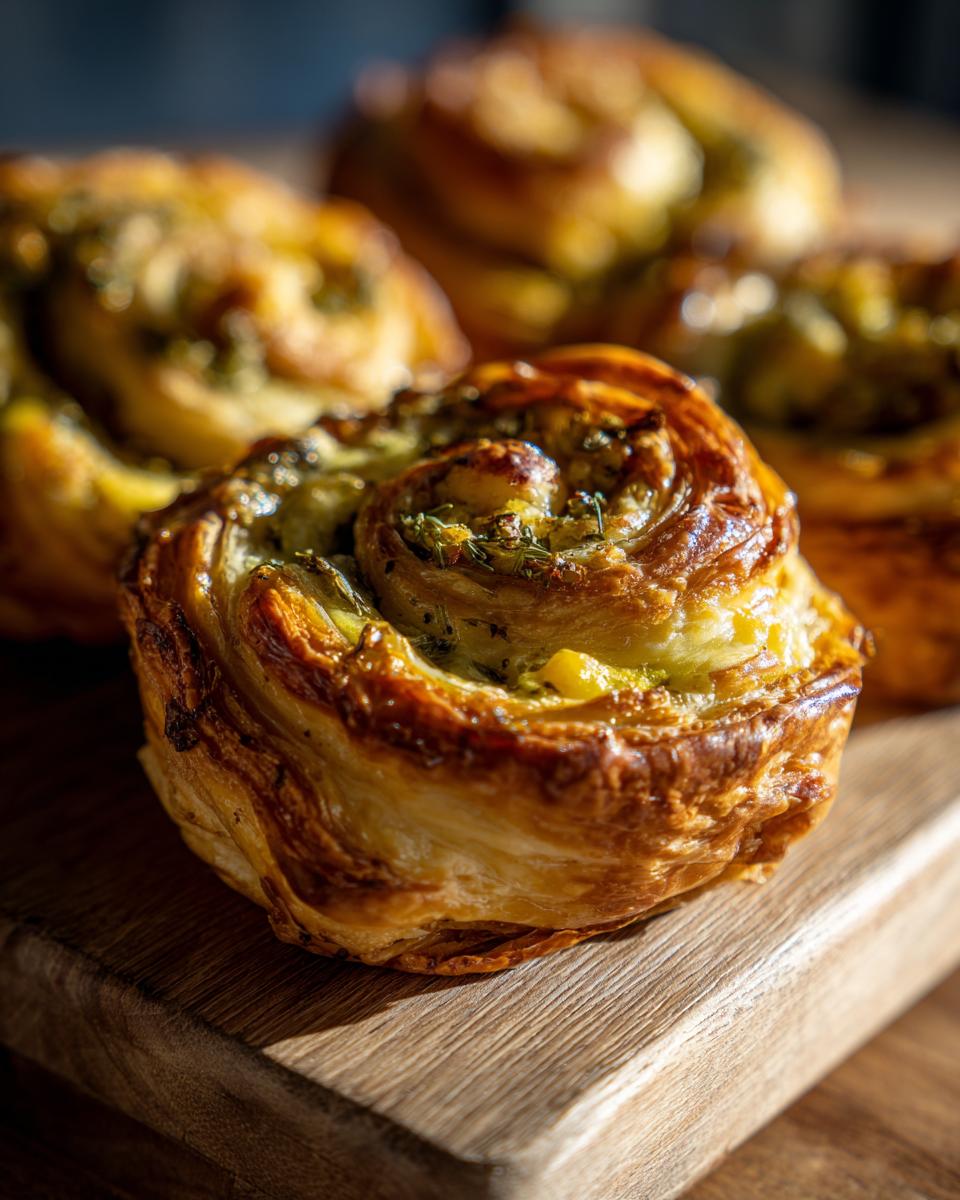 Close-up of a golden brown Puff Pastry Pinwheel filled with a green herb and cheese mixture, resting on a wooden board.