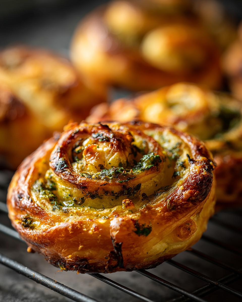 Close-up of a golden-brown puff pastry pinwheel with a visible green herb filling, resting on a cooling rack.