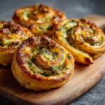 Close-up of golden-brown Puff Pastry Pinwheels with visible green herbs and cheese filling on a wooden board.