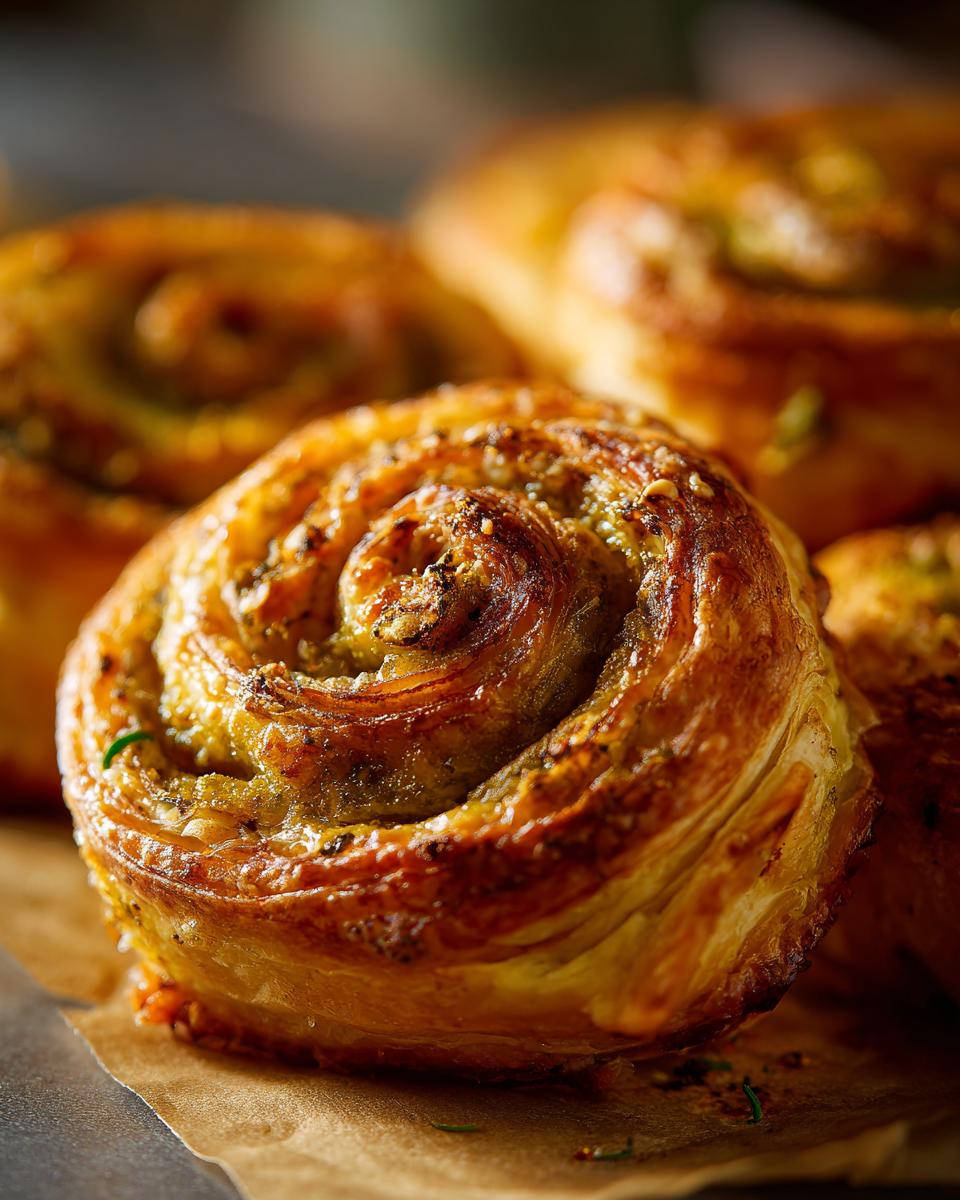 Close-up of golden brown Puff Pastry Pinwheels, showcasing flaky layers and herb filling.