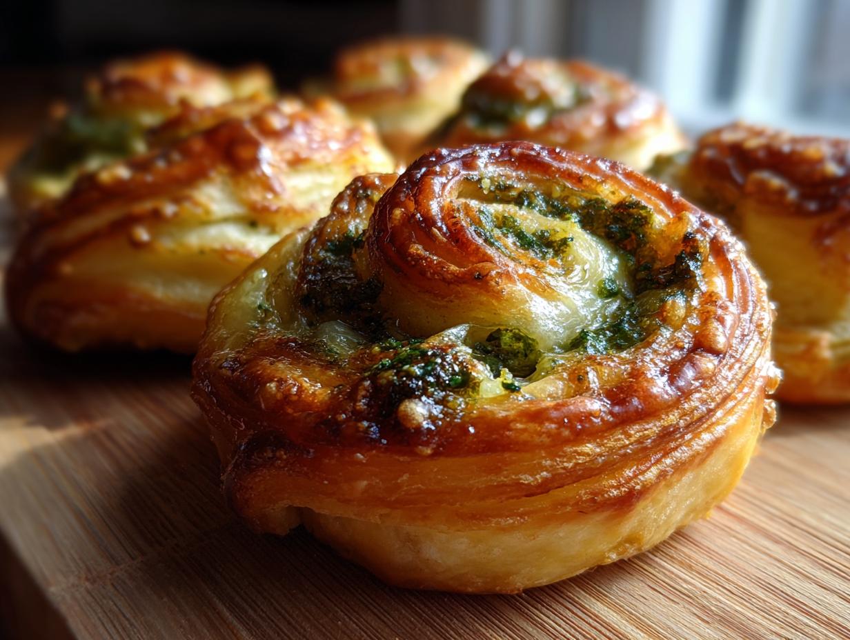 Close-up of a golden-brown Puff Pastry Pinwheel with a vibrant green filling, showcasing flaky layers.