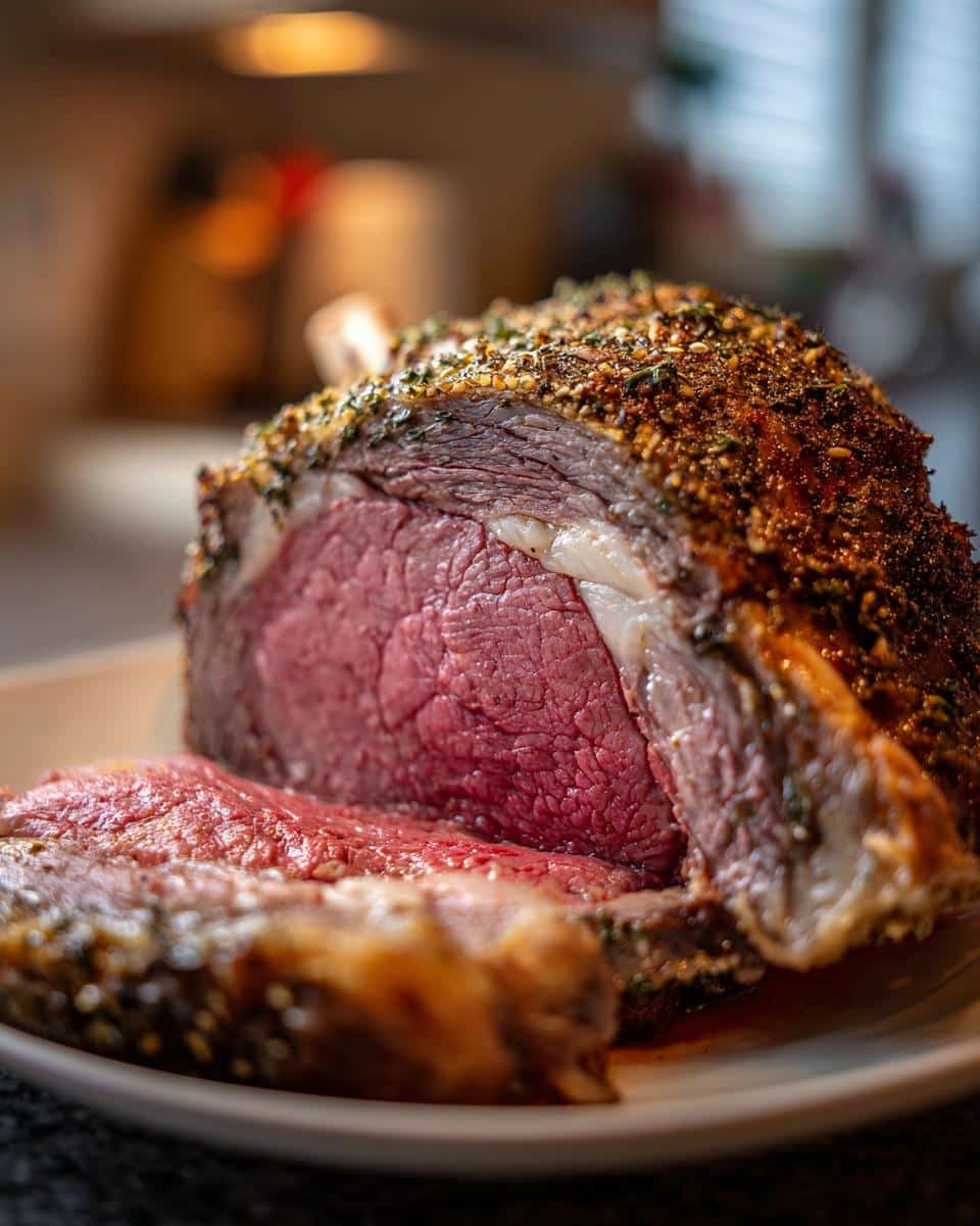 A perfectly roasted prime rib with a flavorful herb crust, sliced to reveal a juicy pink interior.