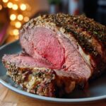 A perfectly roasted prime rib with a flavorful herb crust, sliced to reveal a juicy pink interior.