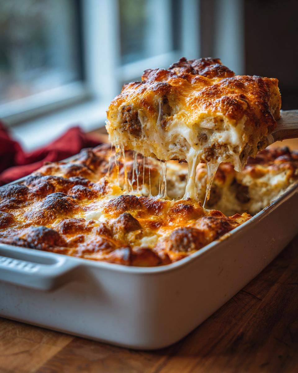 A slice of Sausage Breakfast Casserole being lifted from a baking dish, with melted cheese stretching.