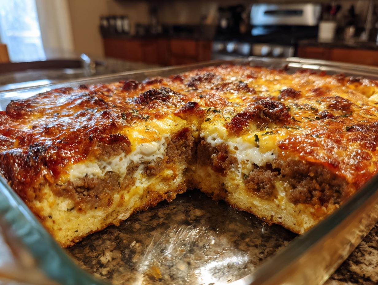 A close-up view of a freshly baked Sausage Breakfast Casserole (For A Crowd) in a glass baking dish, showing layers of sausage, egg, and cheese.