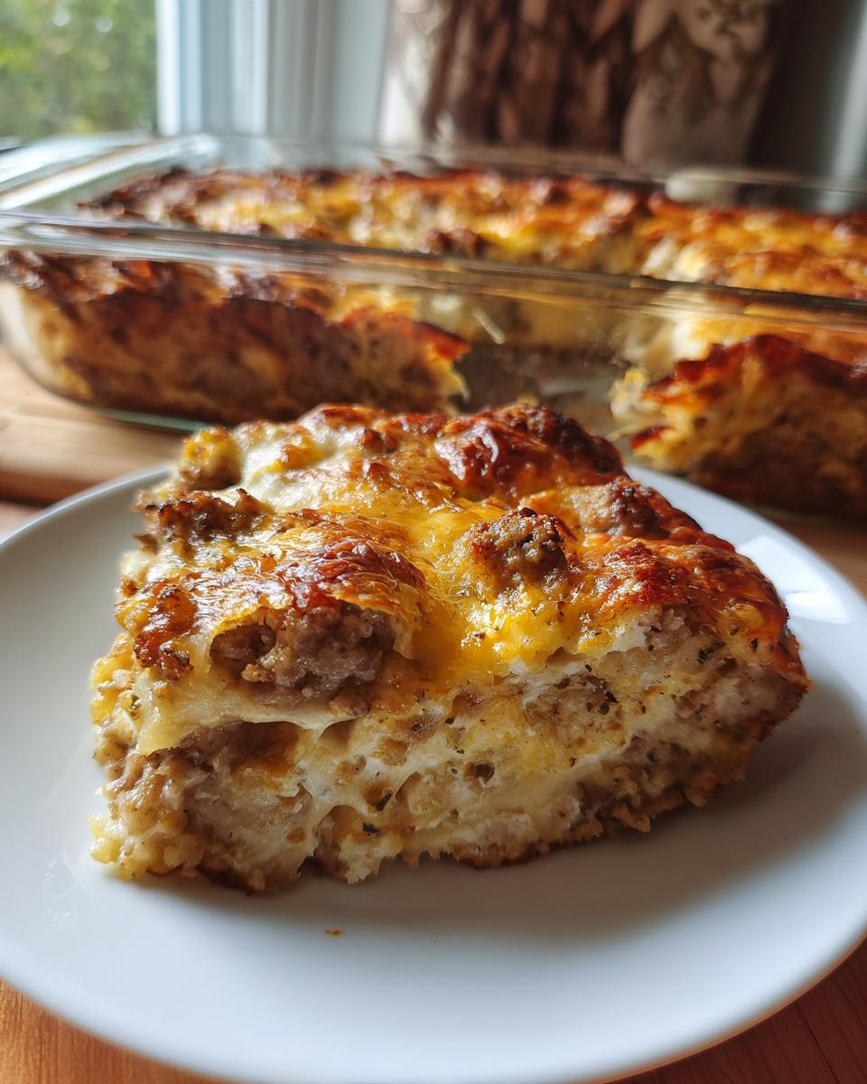 A hearty slice of Sausage Breakfast Casserole (For A Crowd) on a white plate, with melted cheese and visible sausage.