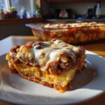 A delicious slice of Sausage Breakfast Casserole (For A Crowd) on a white plate, with melted cheese and a rich meat sauce.