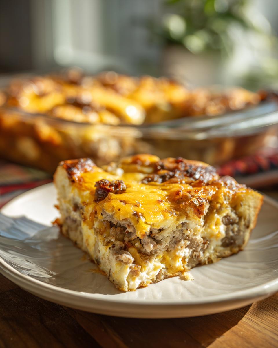 A hearty slice of Sausage Breakfast Casserole (For A Crowd) with melted cheese and sausage.