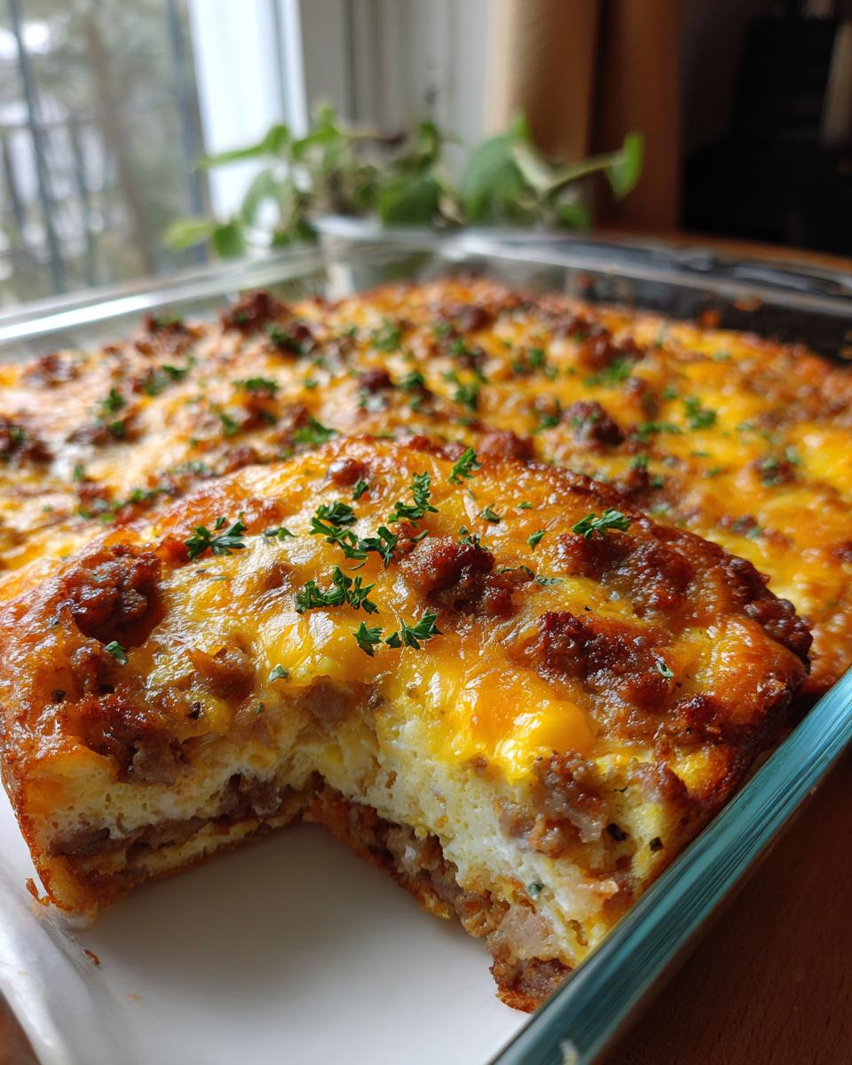 A slice of Sausage Breakfast Casserole (For A Crowd) with layers of eggs, cheese, and sausage, garnished with parsley.