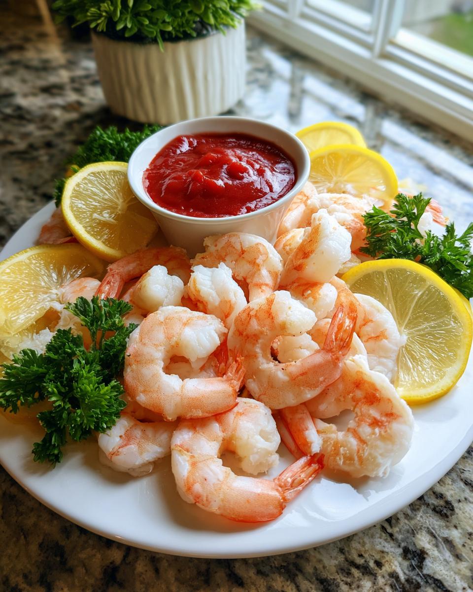 A beautiful Shrimp Cocktail Platter with cooked shrimp, lemon wedges, parsley, and cocktail sauce.