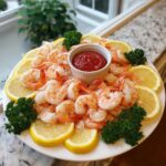 A beautiful Shrimp Cocktail Platter arranged with cooked shrimp, lemon slices, parsley, and a bowl of cocktail sauce.