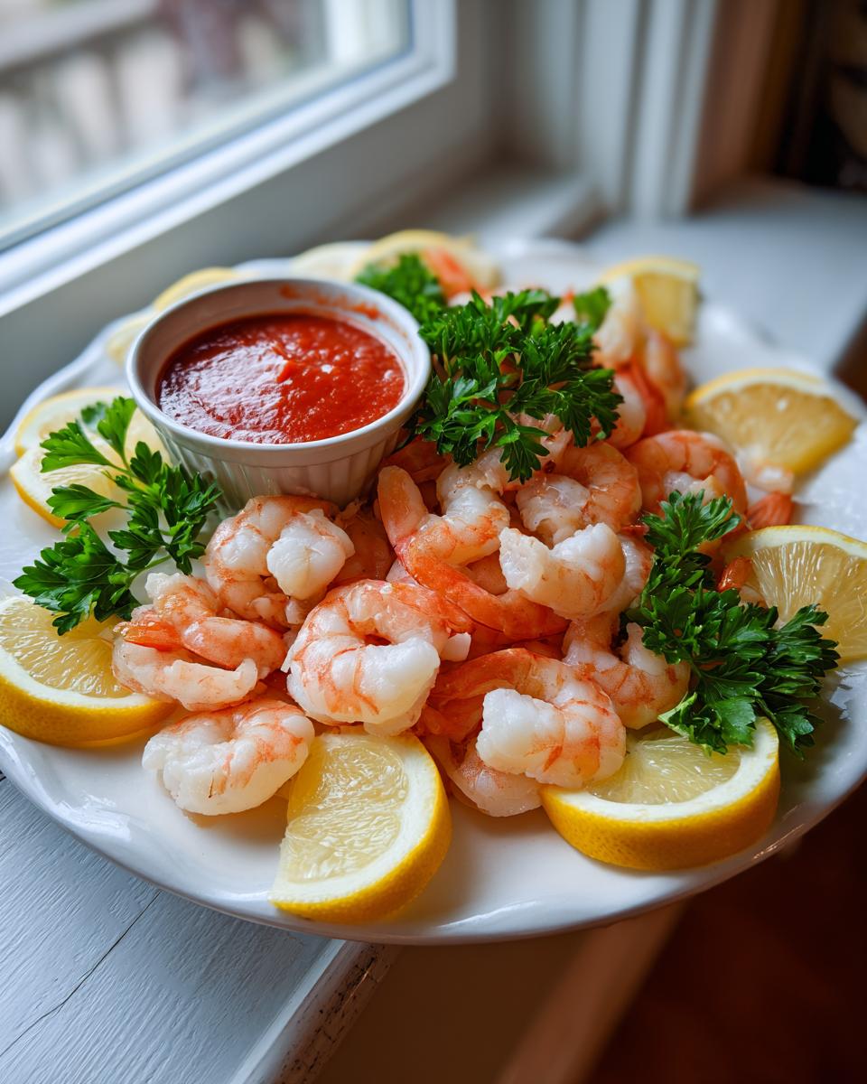 A beautiful Shrimp Cocktail Platter arranged with cooked shrimp, lemon wedges, parsley, and a bowl of cocktail sauce.