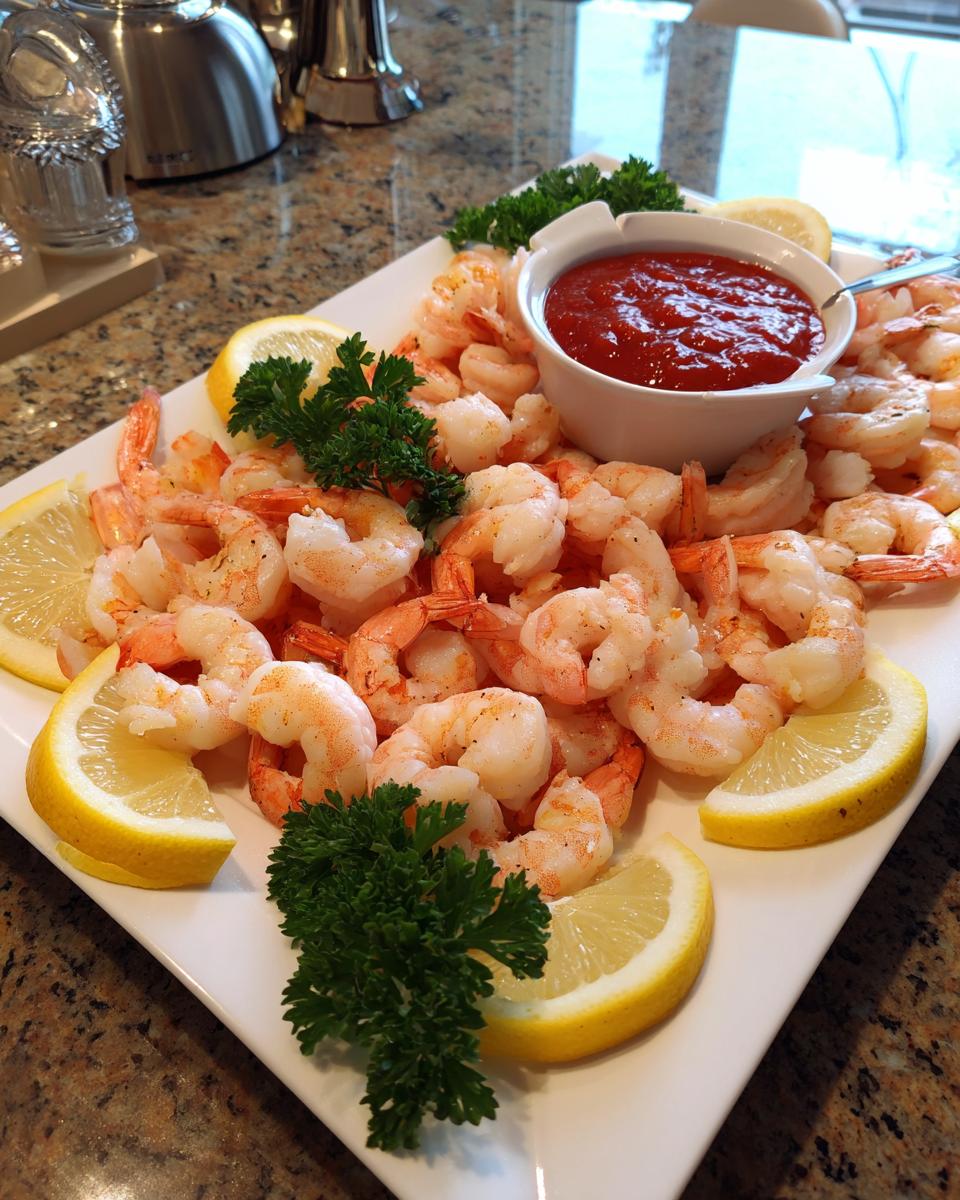A beautiful Shrimp Cocktail Platter featuring cooked shrimp, lemon wedges, parsley, and a bowl of cocktail sauce.