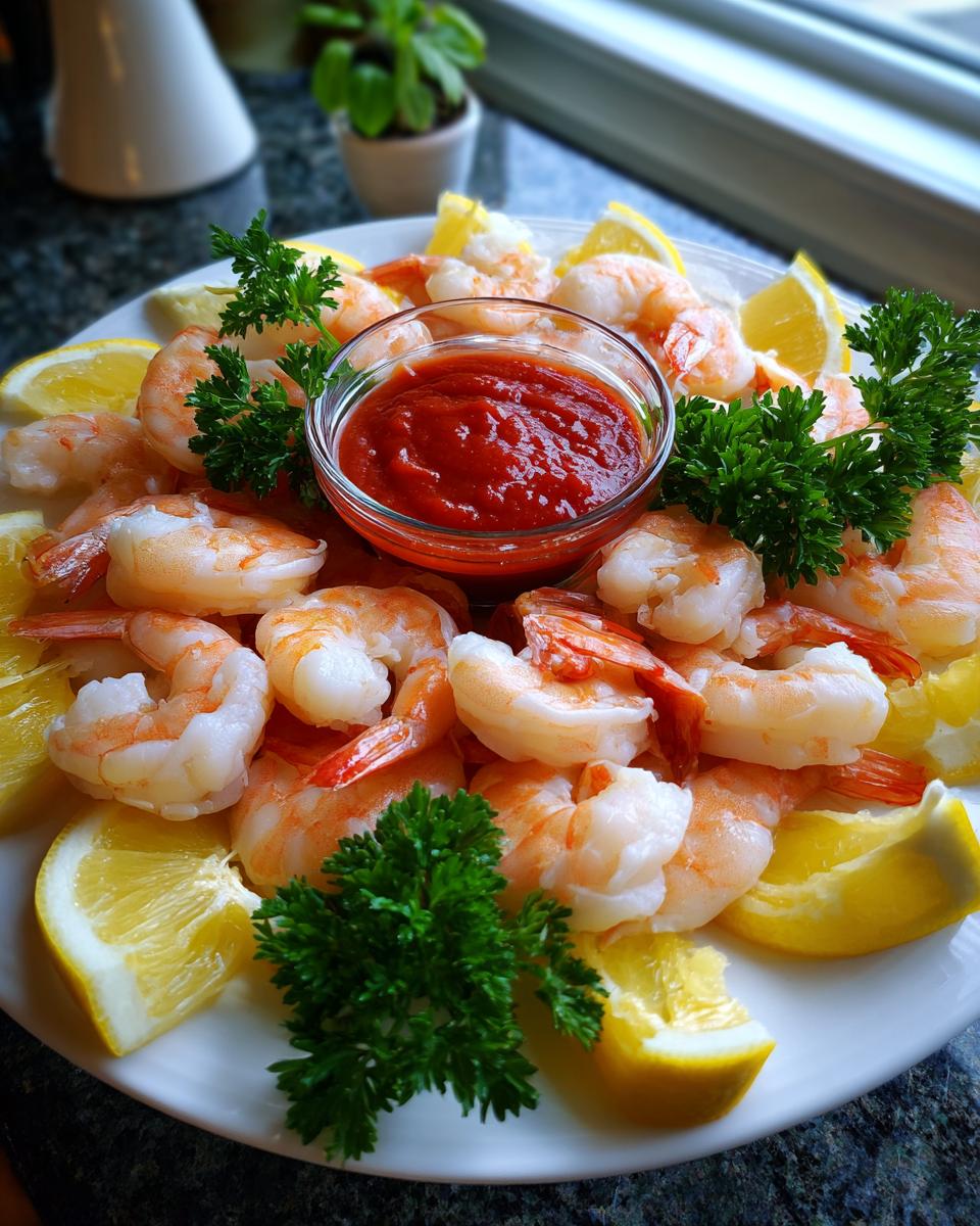 A beautiful Shrimp Cocktail Platter featuring cooked shrimp, lemon wedges, parsley, and a bowl of cocktail sauce.