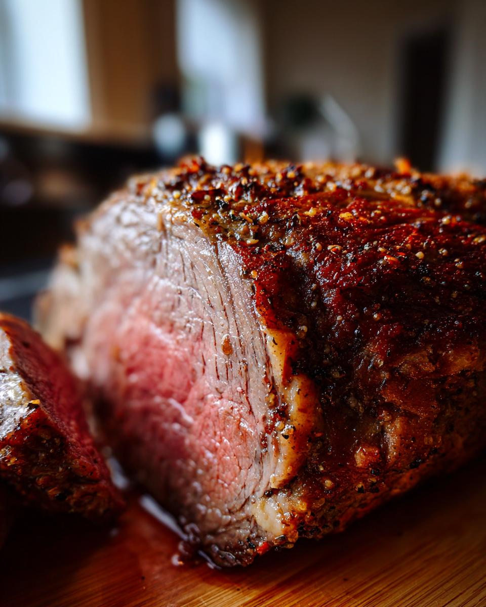 Close-up of a perfectly cooked small prime rib roast, with a juicy pink interior and a flavorful crust.