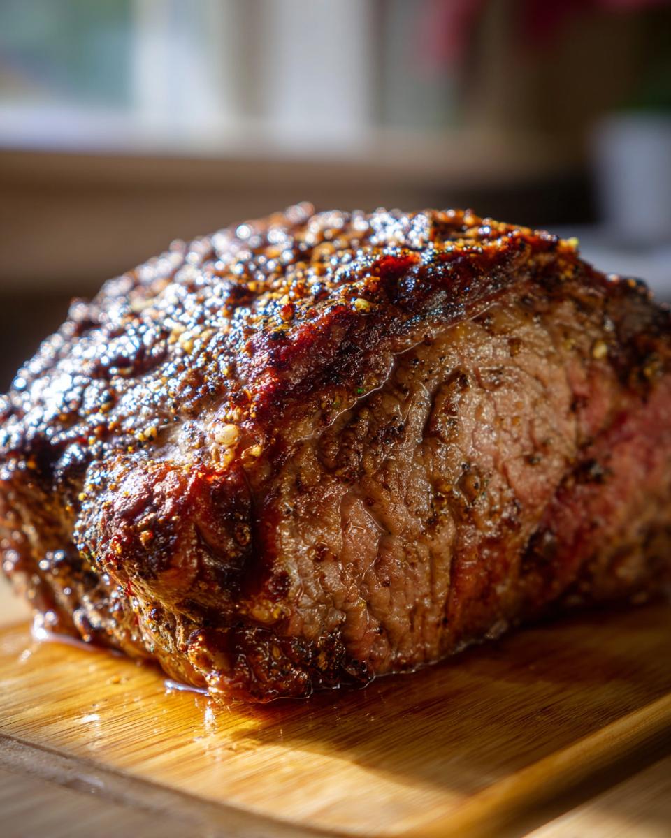 A beautifully roasted small prime rib roast with a seasoned crust, resting on a wooden cutting board.