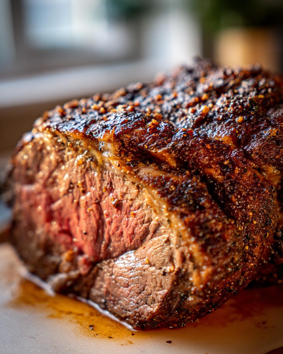 Close-up of a perfectly cooked small prime rib roast, showing a juicy pink interior and a browned, seasoned crust.