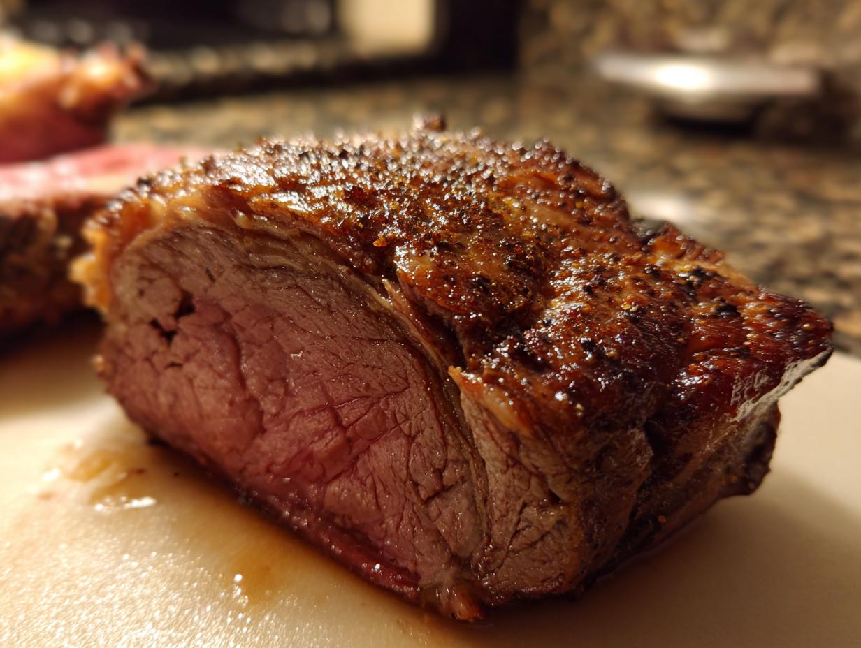 Close-up of a perfectly cooked small prime rib roast slice, showcasing a juicy pink interior and a beautifully seared crust.