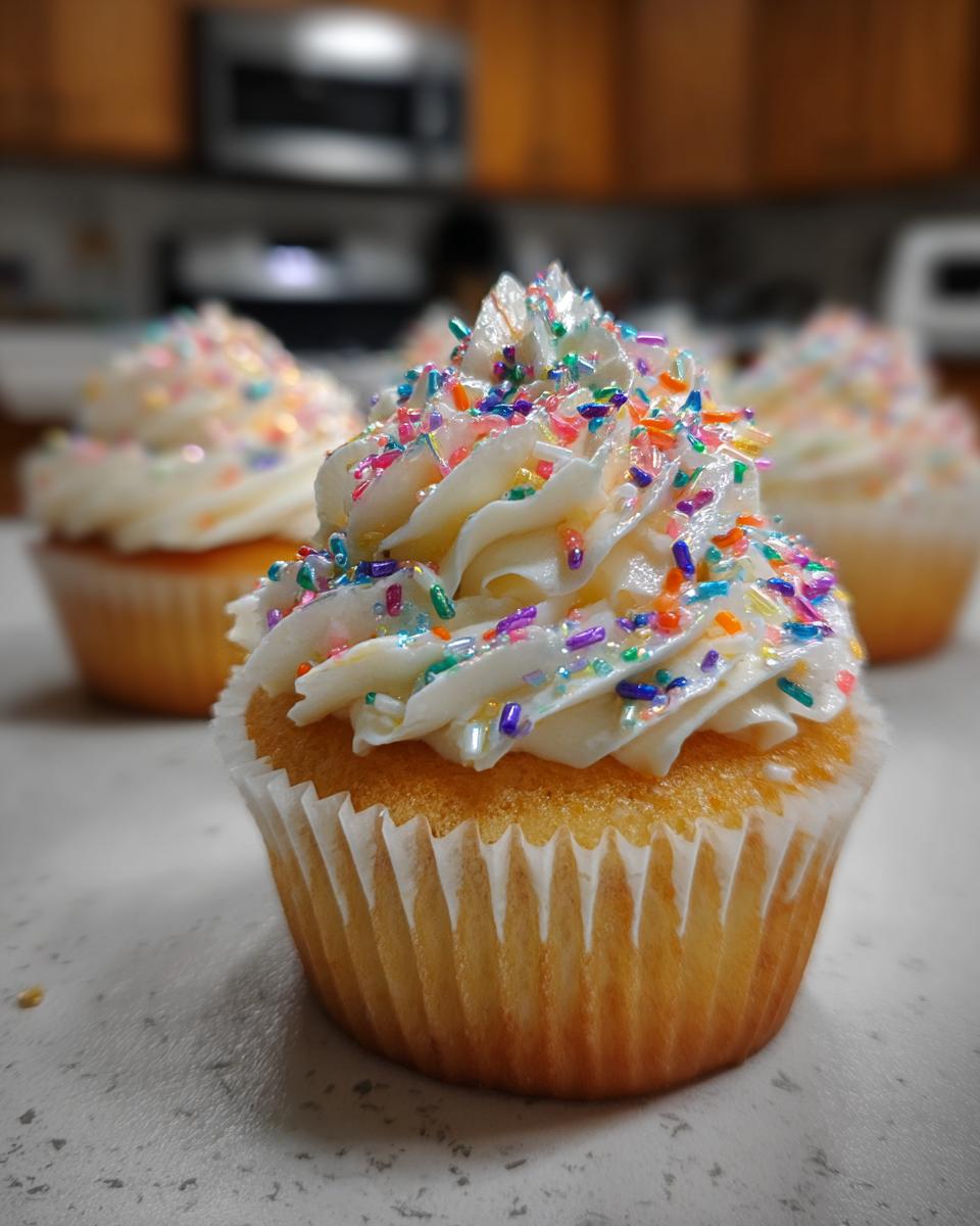 Close-up of a festive Sparkler Cupcake topped with white frosting and colorful sprinkles.