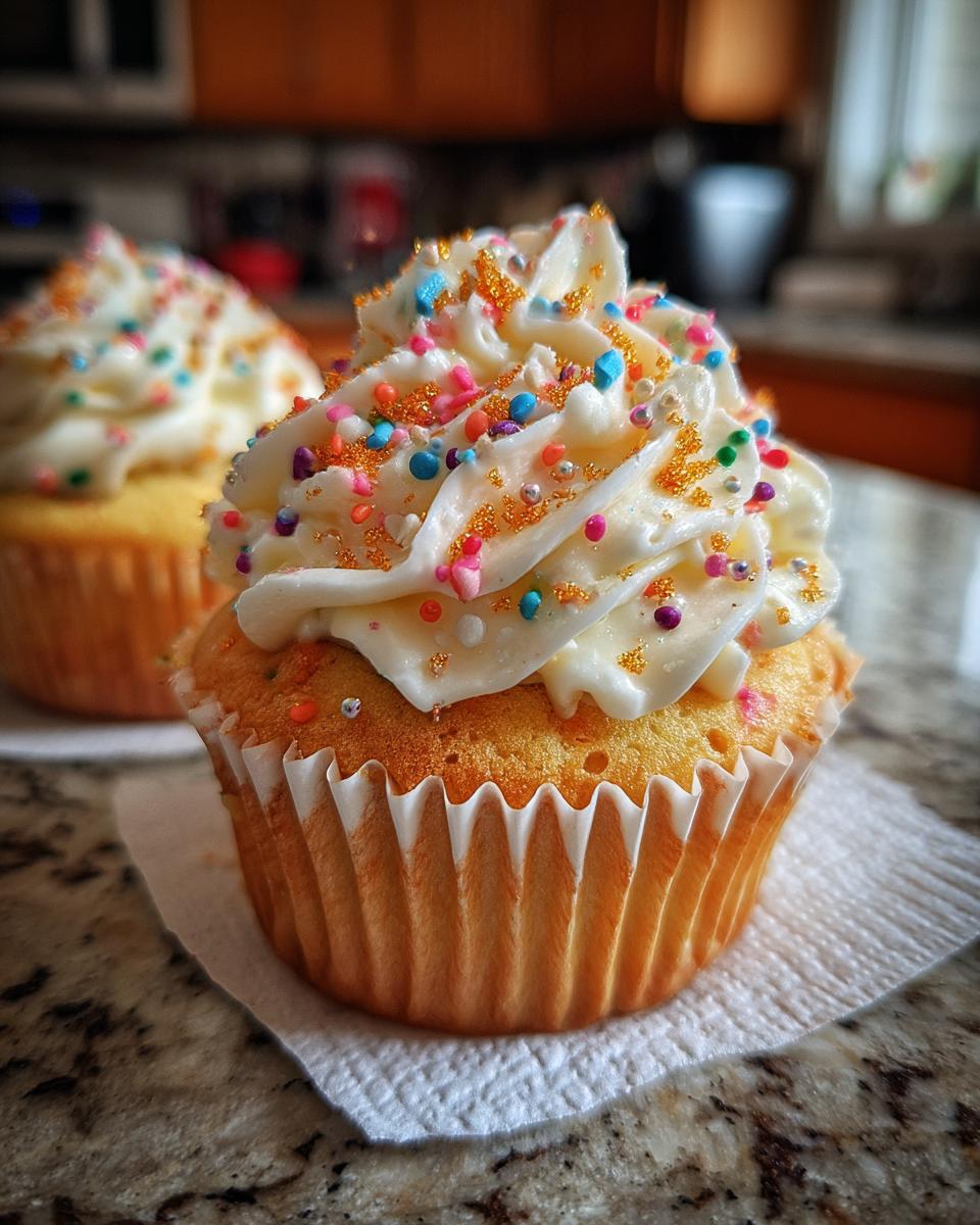 Close-up of a festive Sparkler Cupcake topped with swirls of white frosting and colorful sprinkles.