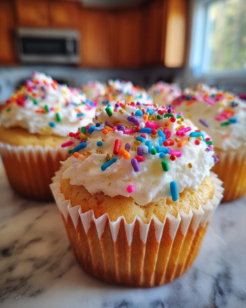 Close-up of festive Sparkler Cupcakes topped with white frosting and a generous amount of colorful sprinkles.