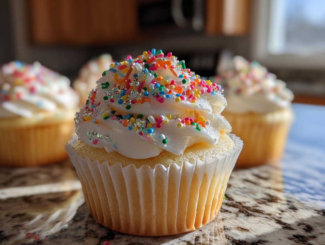 Close-up of a festive Sparkler Cupcake topped with white frosting and colorful sprinkles, with other cupcakes blurred in the background.