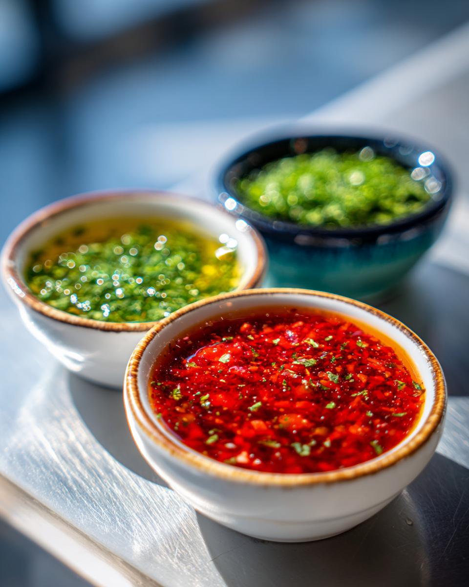 Three small bowls showcasing a vibrant Sparkling Dip Trio: a red chili-based dip, a green herb-infused oil, and a bright green chopped herb mixture.