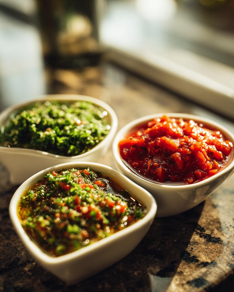 Three small white bowls filled with colorful dips: a vibrant green herb dip, a chunky red salsa, and a mixed herb and pepper dip.
