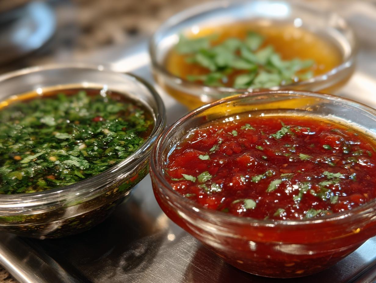 Three glass bowls filled with colorful dips: red, green, and yellow, garnished with herbs. Perfect for a Sparkling Dip Trio (Festive).