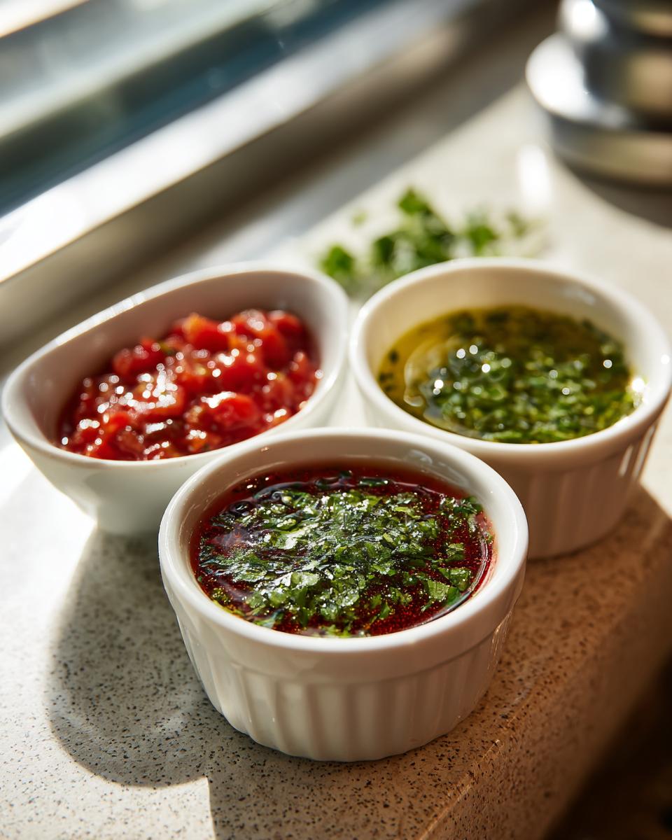 Three small white ramekins filled with colorful dips, topped with fresh herbs, part of a Sparkling Dip Trio (Festive).