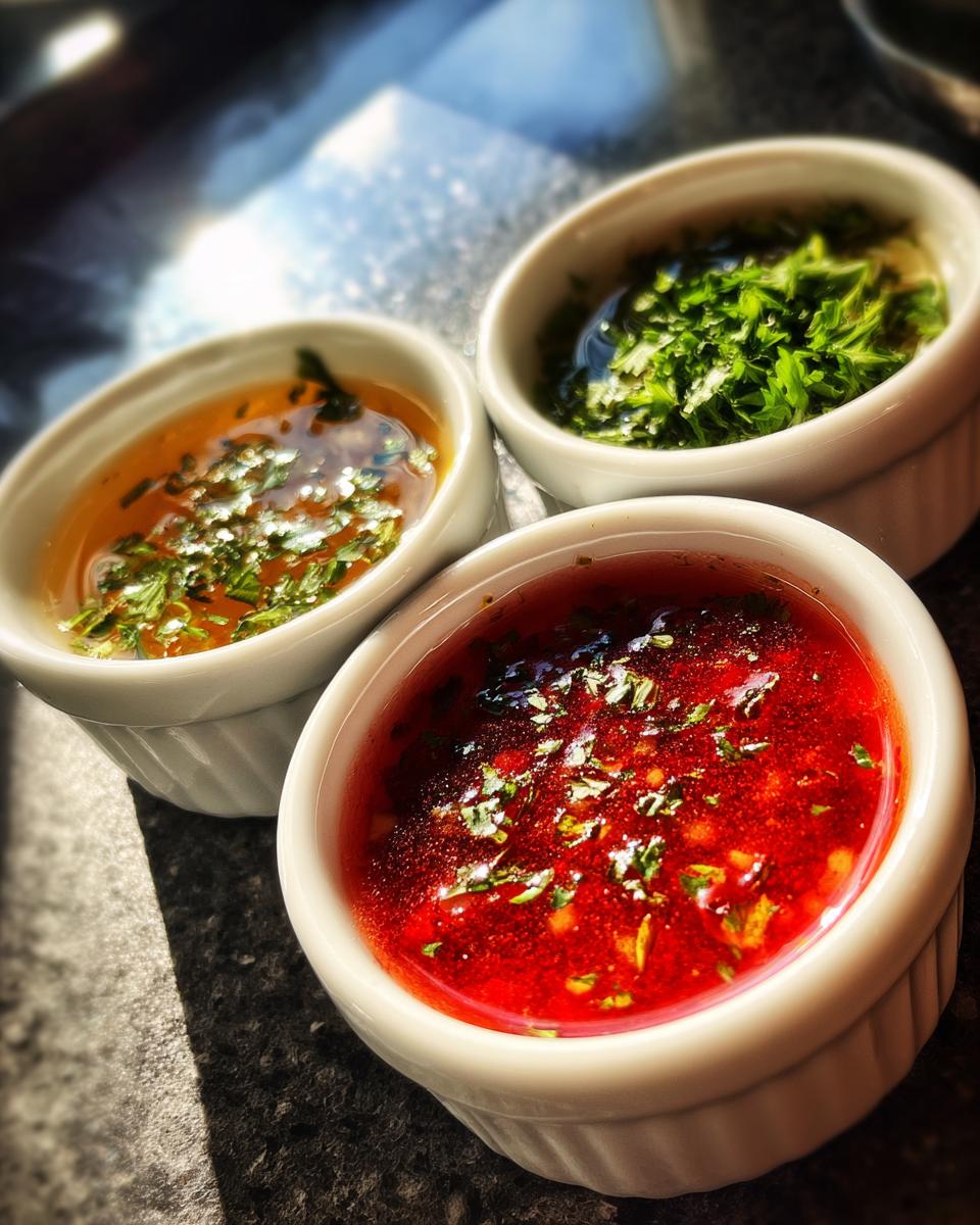 Three white ramekins filled with colorful dips, part of a festive Sparkling Dip Trio.