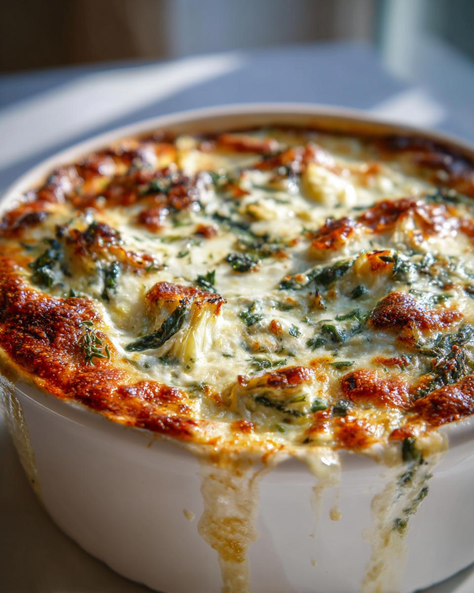 Close-up of a bubbling, golden-brown baked Spinach Artichoke Dip in a white ceramic dish.